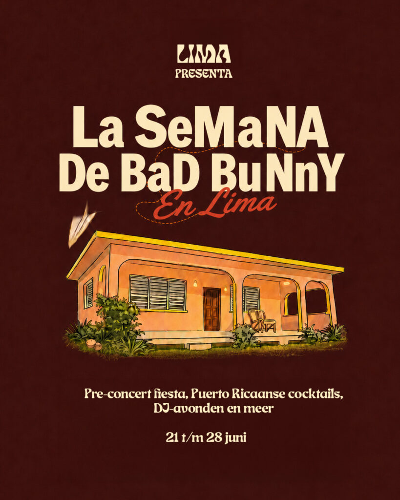 Promotieposter van La Semana de Bad Bunny bij Lima Nijmegen met Puerto Ricaanse cocktails, DJ-avonden en feestelijke evenementen van 21 tot en met 28 juni.